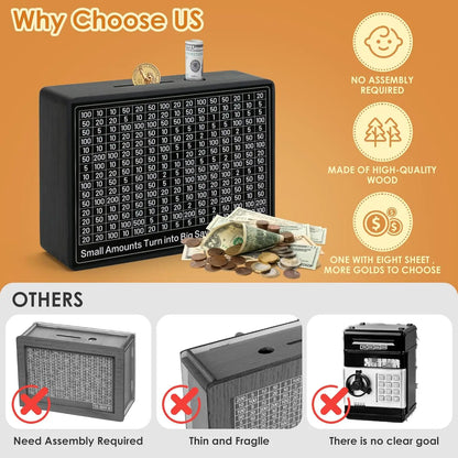 Money Box with Counter Reusable wooden piggy bank with savings goal