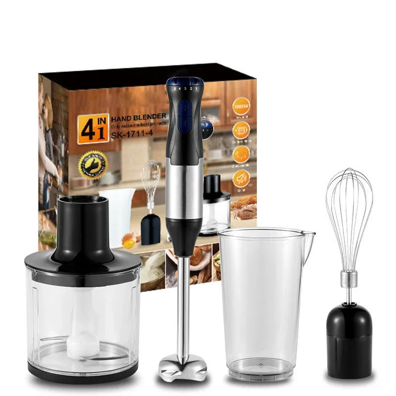 1000W Kitchen Immersion Blender 4 in 1 Stainless Steel handhold veggie Meat Chopper leg Whisk smothie pack