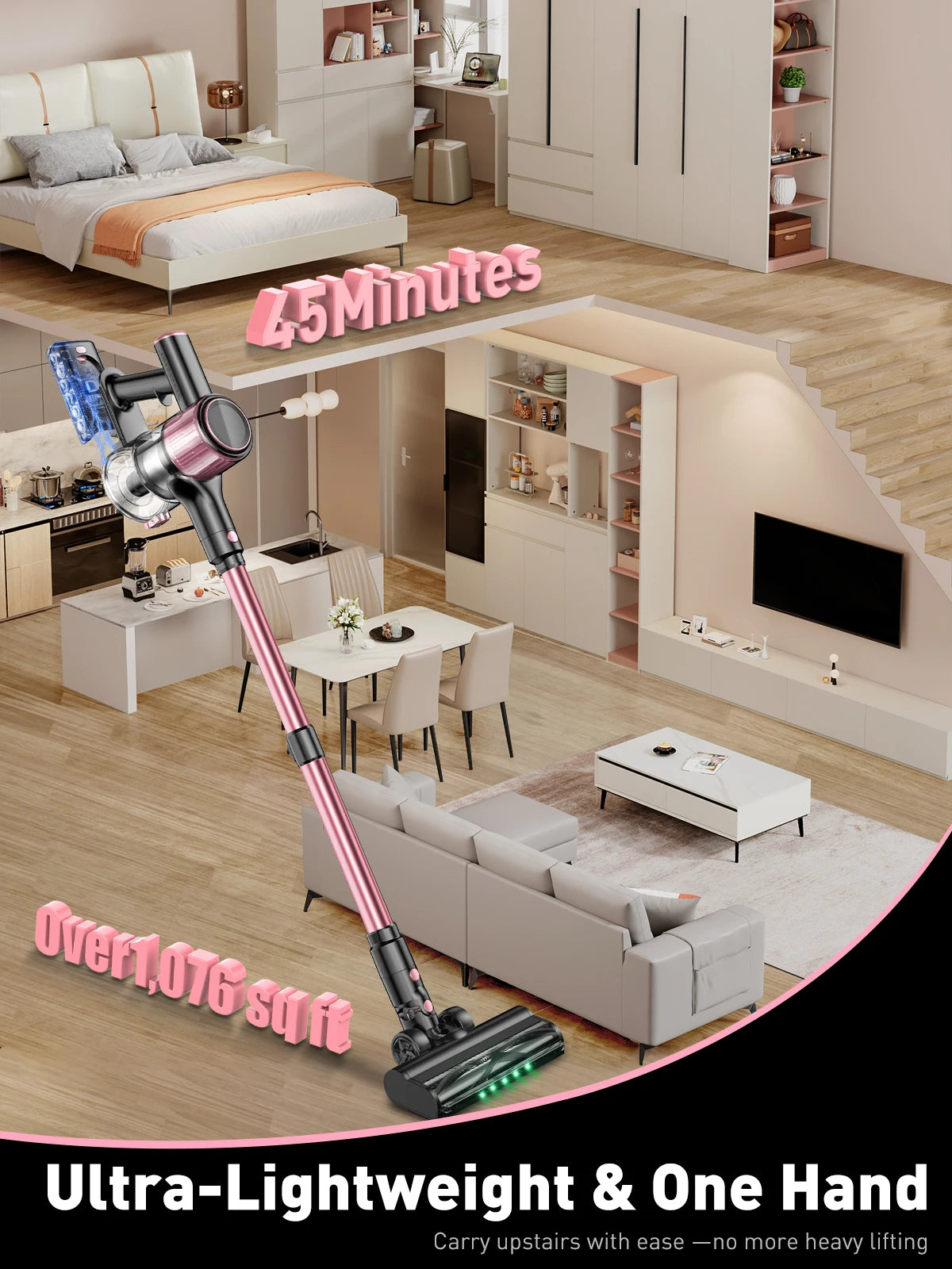Cordless Vacuum Cleaner, 40Kpa/500W/45min 10 in 1 Powerful Stick Vacuum Cleaner for Home Pet Hair/Hard Floor/Carpet