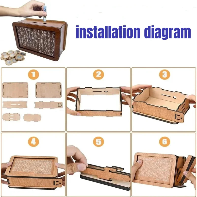 Money Box, Piggy Bank, Wood Money Bank, Reusable Money Box with Saving Goal and Numbers To Check for Helps The Habit of Saving