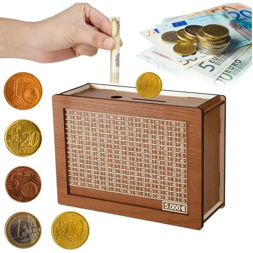 1000/2000/3000/5000/10000 Euro Money Box Wooden Piggy Bank with Reusable Money Box with Saving Goal and Numbers Boxes 1